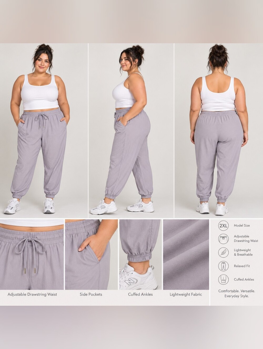 Lightweight Jogger Pants Pull-on Elastic Waist Zip Pockets Drawstring Nylon 2XL - Picture 2 of 11